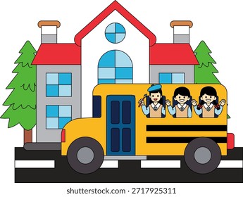 El autobús escolar está estacionado frente a la escuela