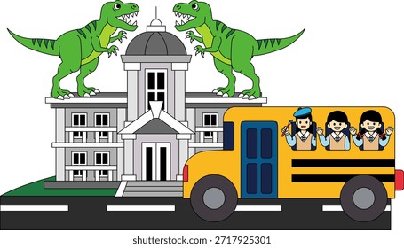 El autobús escolar aparcado frente al museo de los dinosaurios