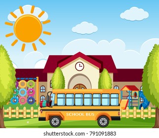 Aparcamiento de autobuses escolares frente a la ilustración escolar