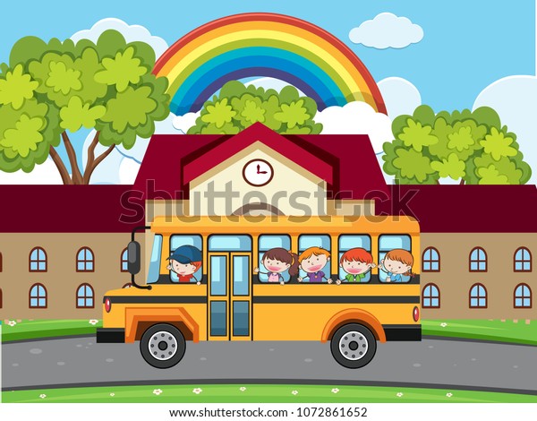 School Bus\
Parking in Front of School\
illustration