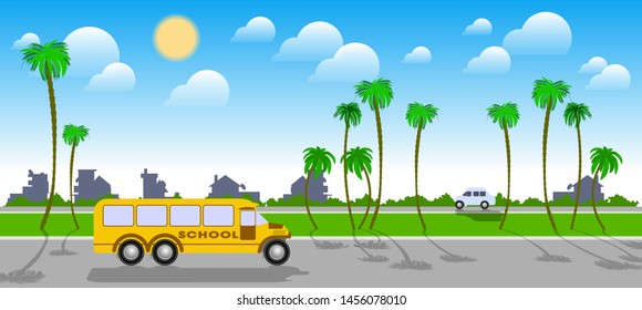 a school bus and a passenger car are driving along a road divided by a lawn with palm trees, against the background of silhouettes of houses, green bushes, the sky with the sun and clouds. country lan