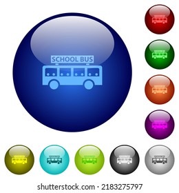 school bus with passengers side view icons on round glass buttons in multiple colors. Arranged layer structure
