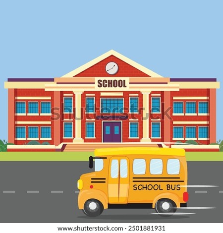 School bus passes in front of a school building on a sunny day, back to school concept 