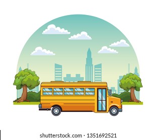 School bus passing by city scenery