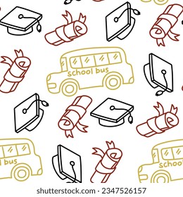 School bus pattern, graduate caps and diplomas in contour style. Texture with doodle elements on the theme of back to school and congratulations on graduation. School topics