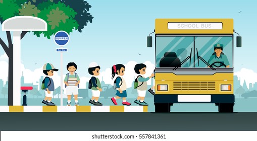 School Bus Picks Up Students At The Bus Stop.