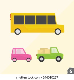 School bus, pink car and pickup truck. Transportation vector set six