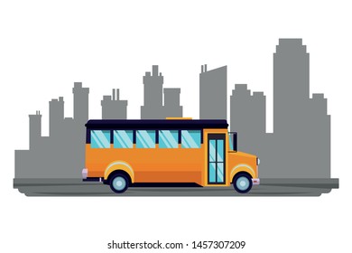 School bus public vehicle sideview over cityscape buildings background ,vector illustration graphic design.