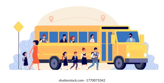 School bus. Pupils ride on yellow transport. Children back to learning, road to college or university. Girls boys go to study vector concept