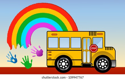 School bus with rainbow and hands