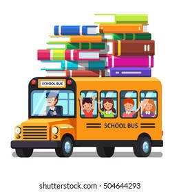 School bus riding with kids and lots of books luggage on the roof. Education trip concept. Colorful flat style cartoon vector illustration.