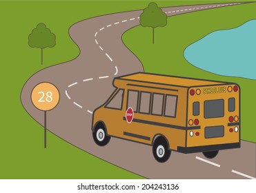 School bus riding on the road. Vector illustration