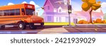 School bus riding suburban street with crosswalk on road, traffic light and pedestrian sidewalk, private houses and trees at autumn. Cartoon country fall season cityscape with children transport.