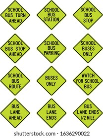 School Bus Road Signs, Turn Ahead, Station, Stop, Parking, Buses Only, Route, Watch For School Bus, Lane Ahead, Lane Ends, Vector Illustration
