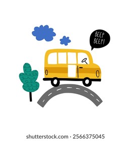 School bus rolling on road and handwritten text Beep beep. Cute cartoon baby boy poster with car in cartoon style. Vector print with car for fabric, textile, postcard, apparel or kids room