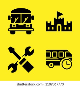 school bus, bus, sand castle and settings vector icon set. Sample icons set for web and graphic design
