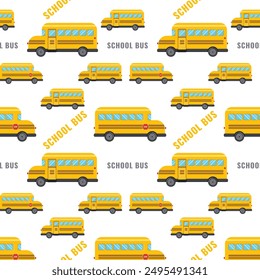 School bus seamless pattern. Back to school repeating background. Flat vector illustration of children's school bus in yellow color isolated on white.