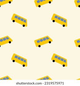 Bus escolar, patrón sin costuras, vector. De vuelta a la escuela. Autobús escolar de fondo amarillo.