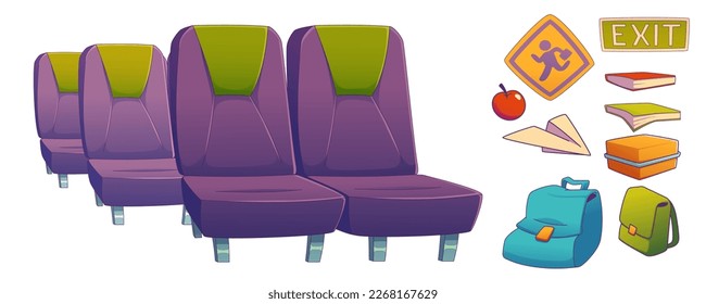 School bus seats. Train, public vehicle cabin interior set with passenger chairs, books and signs. Autobus for kids transportation inside, vector illustration in contemporary style