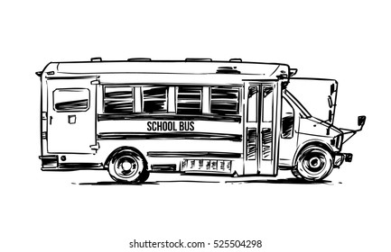 School Bus side view. Black and white illustration