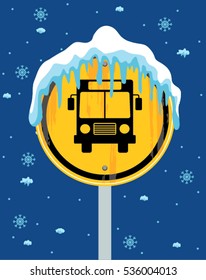 School Bus Sign On Winter Background