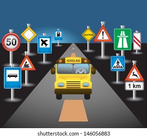 school bus and signs