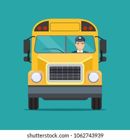 School  bus with Smiling driver in Windows. Vector flat style illustration