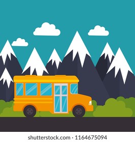 School Bus Snow Mountain Landscape