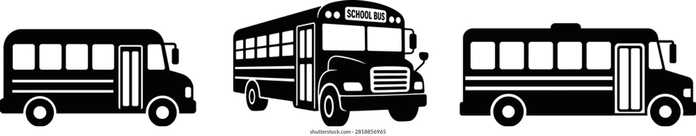 School Bus Solid Silhouette Icon Set in Different Views Isolated on White Background