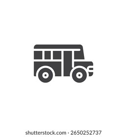 School bus solid vector icon. A glyph icon of a side-view bus. This icon symbol represents student sign and transportation safety symbol.