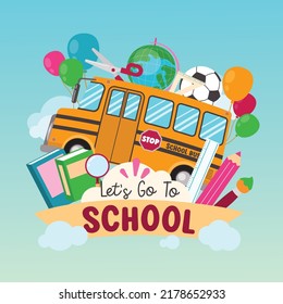 School Bus And Stationery, Vector, Illustration