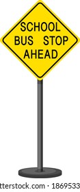 Parada del autobús escolar delante del signo de advertencia amarillo en la ilustración de fondo blanco