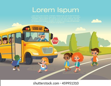 School Bus Stop. Back To School Safety Concept. Kids Riding On School Bus. Child Boarding School Bus. Kids Crossing The Road. Vector Illustration.