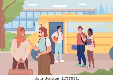 School bus stop before highschool building flat color vector illustration. Morning meeting. Spending time with classmates. Fully editable 2D simple cartoon characters with schoolyard on background