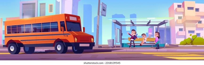 School bus stop for kid student on road cartoon illustration. Boy and girl friends waiting for safety retro transportation to kindergarten. Academy children lifestyle with driving on cityscape