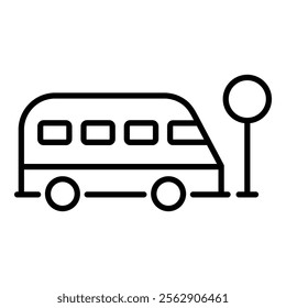 a school bus stop or public bus stop round line vector icon with editable stroke