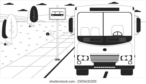 School bus stop roadside black and white line illustration. Road sign busstop 2D cityscape monochrome background. Public transport rural. Vehicle with hills and trees landscape outline vector image