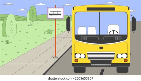 Ilustración plana de dibujos animados de la parada de autobús escolar. Señal de tráfico busstop 2D cityscape fondo colorido. Transporte público rural. Vehículo con colinas y árboles paisaje paisaje Vector storytelling Imagen