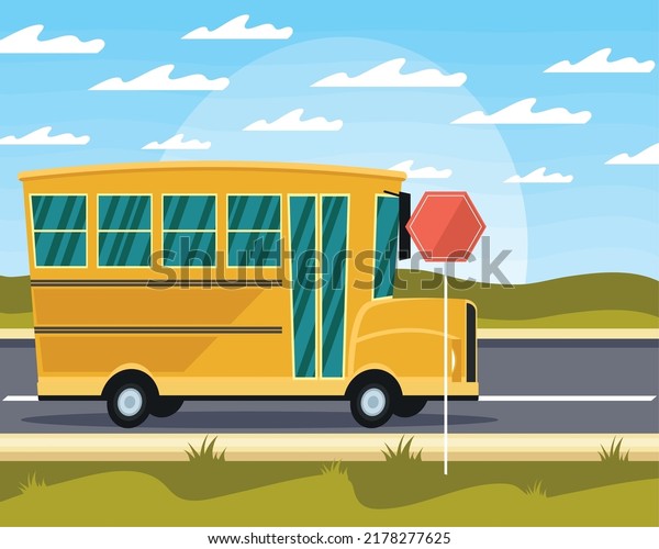 school bus with stop signal\
scene