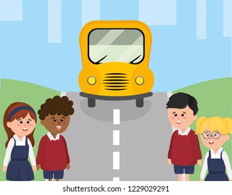 school bus in the street and children students