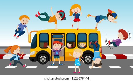 Ilustración de los autobuses escolares y los estudiantes