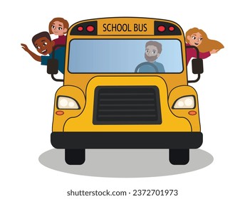 School bus with students on white background