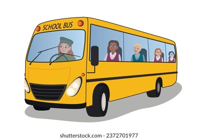 School bus with students on white background