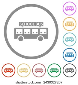 autobús escolar con los estudiantes vista lateral iconos de color plano en contornos redondos sobre fondo blanco