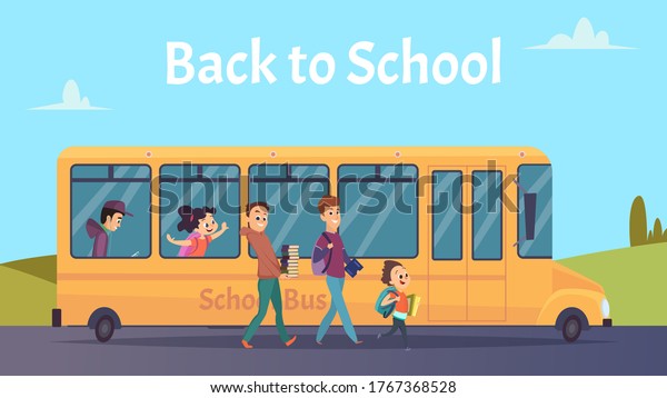 School bus. Students transportation, happy\
boya girls go to study vector\
illustration