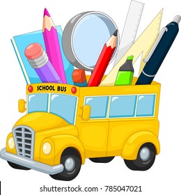 School bus with school supplies cartoon