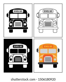 School bus symbol presented as pictogram, black and white, line icons and flat icons. Set of transportation icons.