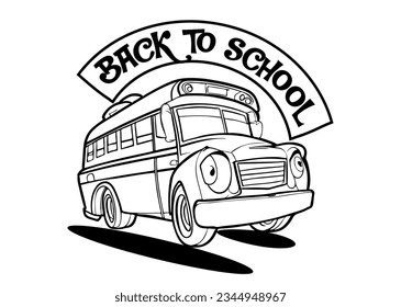 School bus with text back to school. Vector illustration Celebration Coloring page of a school bus comic cartoon character drawing vector art greeting card design