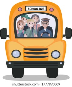 Un autobús escolar que lleva a los estudiantes a la escuela o en un tour.  Al volante se sienta un conductor con uniforme. Vehículo de transporte de pasajeros. Ilustración del vector