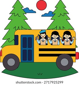 Autobús escolar con tres niños rodeados de árboles